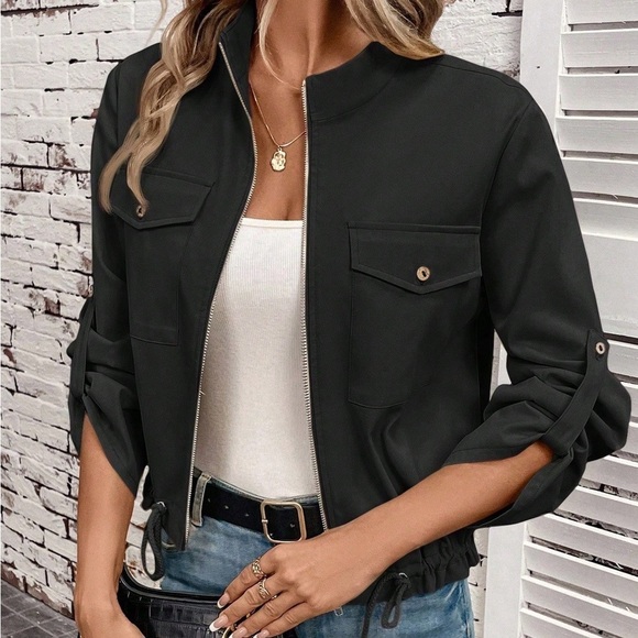 Jackets & Blazers - Flap Pocket Roll Tab Sleeve Drawstring Hem Zip Up Jacket black